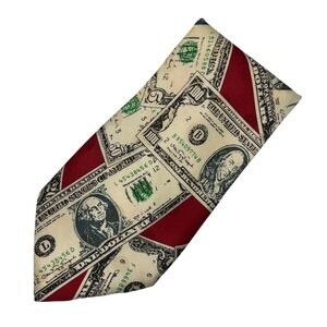 Studio 890 Money Print Tie Mens Red Currency Bill Novelty Bank USD Handmade